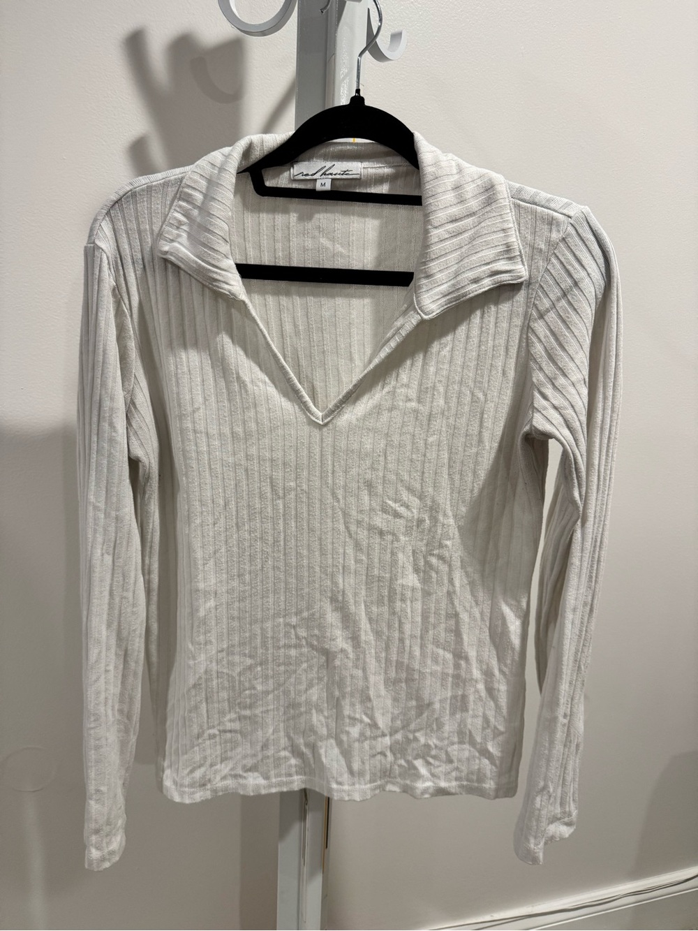 White Ribbed Collared Long-Sleeve Top